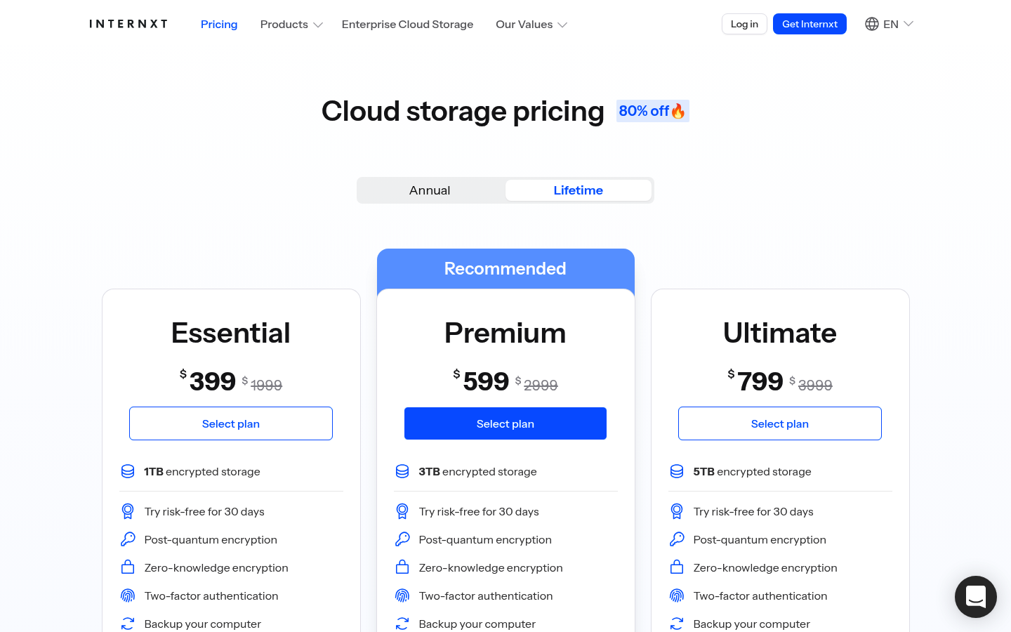 Screenshot of Internxt's pricing page showing its plans and prices