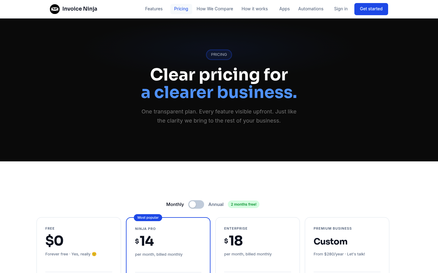 Screenshot of Invoice Ninja's pricing page showing its plans and prices