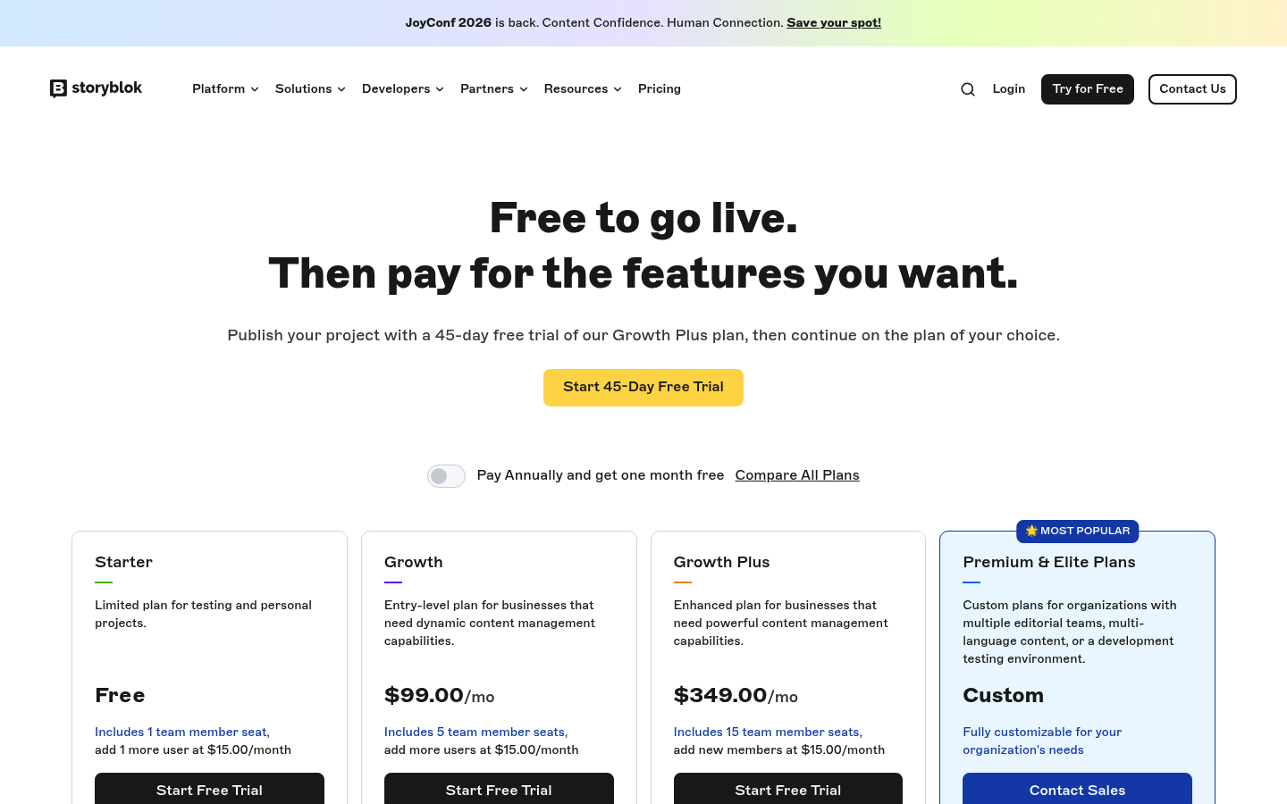 Screenshot of Storyblok's pricing page showing its plans and prices