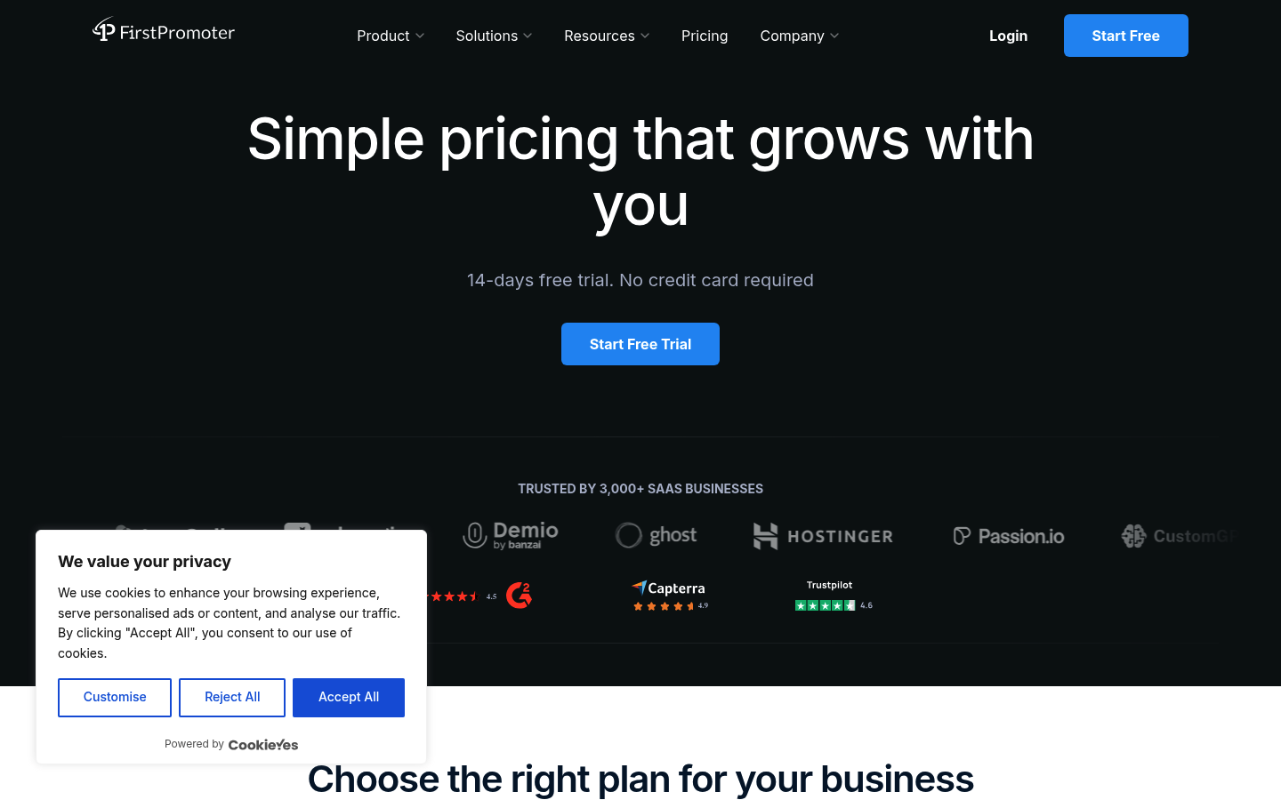 Screenshot of FirstPromoter's pricing page showing its plans and prices