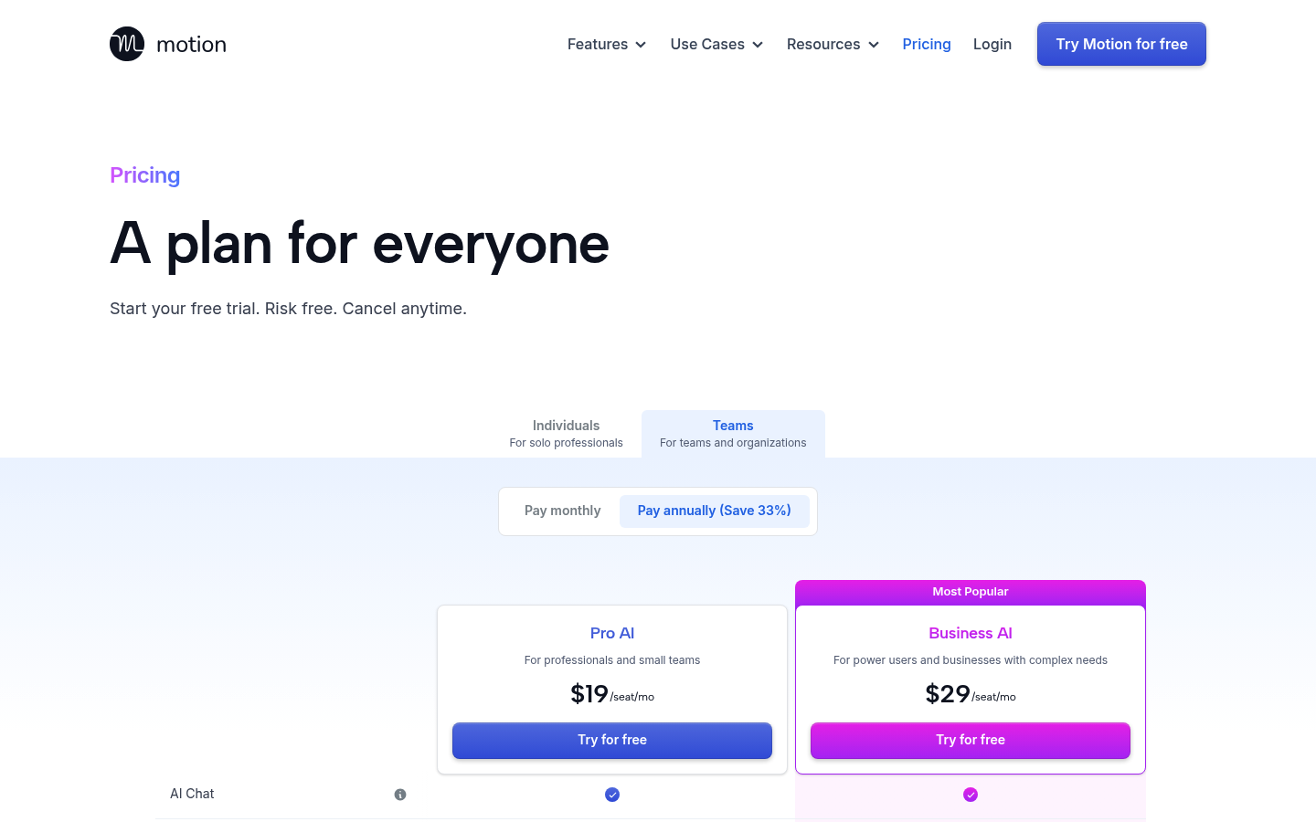 Screenshot of Motion's pricing page showing its plans and prices