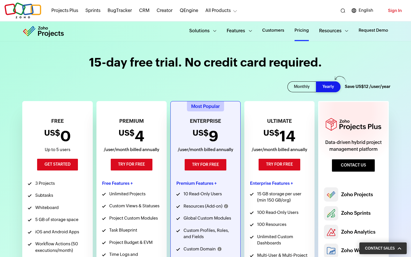 Screenshot of Zoho Projects's pricing page showing its plans and prices