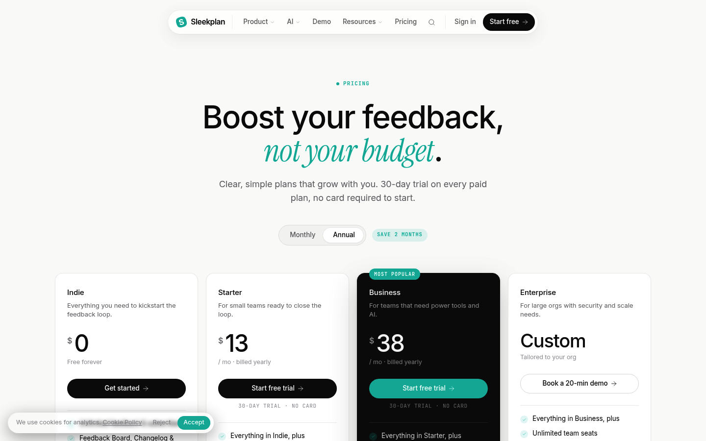 Screenshot of Sleekplan's pricing page showing its plans and prices