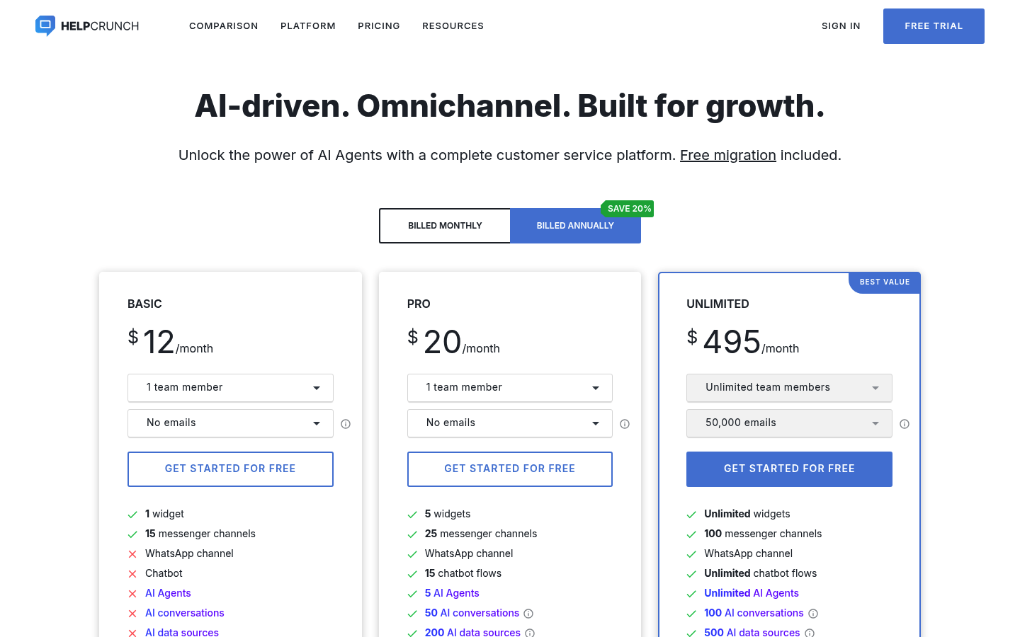 Screenshot of HelpCrunch's pricing page showing its plans and prices