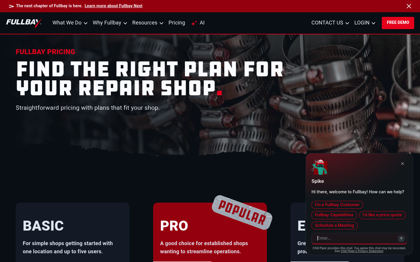 Screenshot of Fullbay's pricing page showing its plans and prices