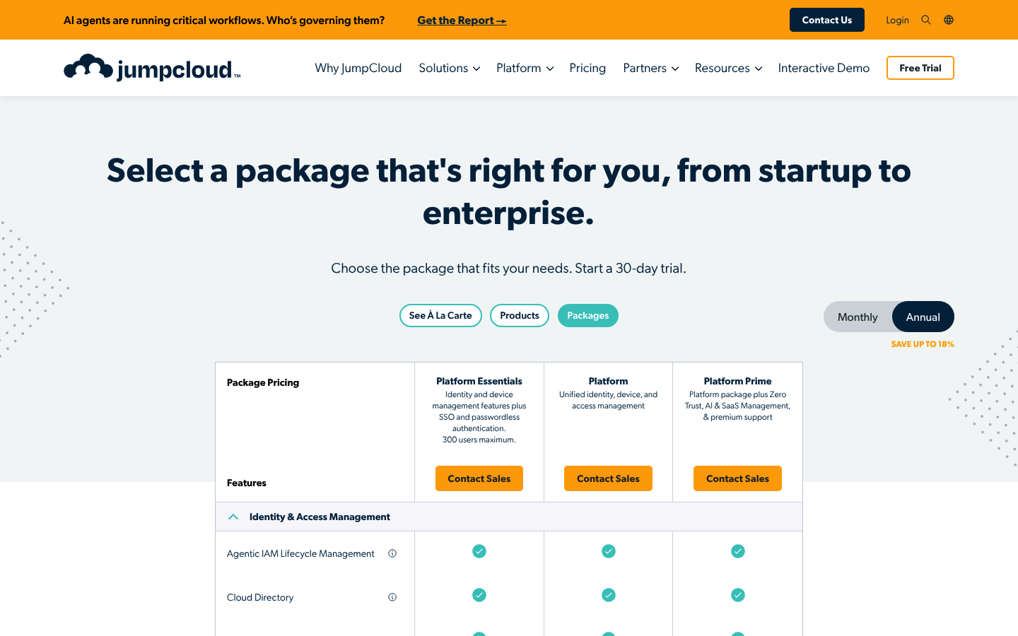 Screenshot of JumpCloud's pricing page showing its plans and prices