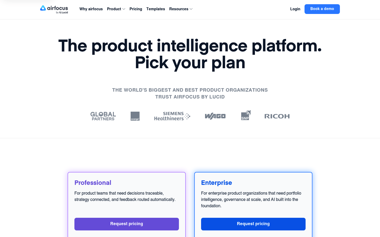 Screenshot of airfocus's pricing page showing its plans and prices