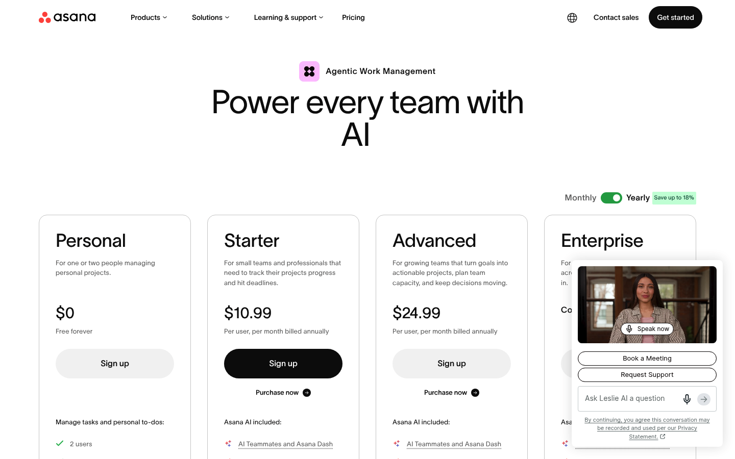 Screenshot of Asana's pricing page showing its plans and prices