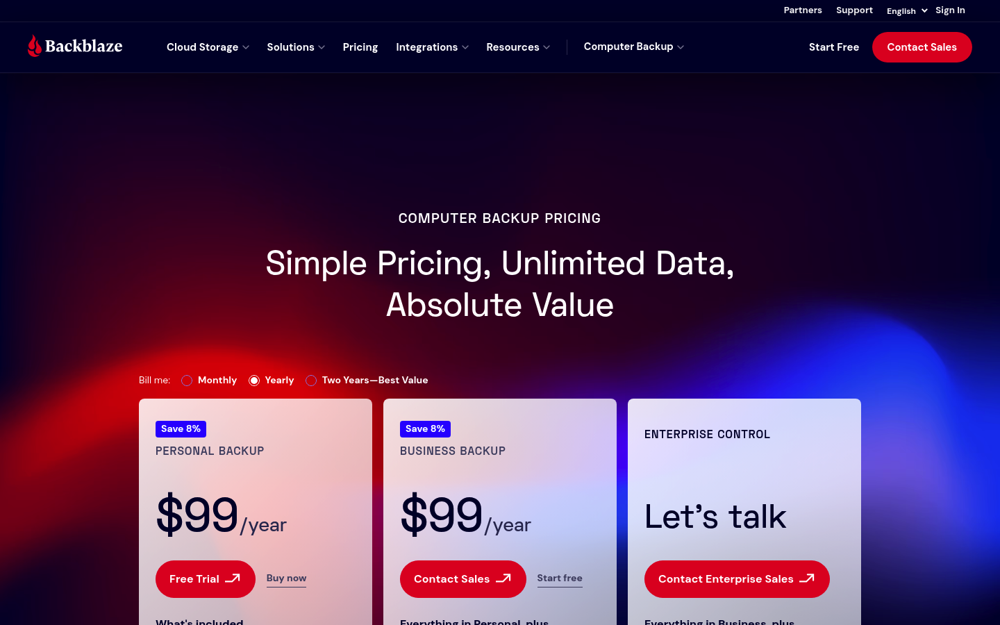 Screenshot of Backblaze's pricing page showing its plans and prices