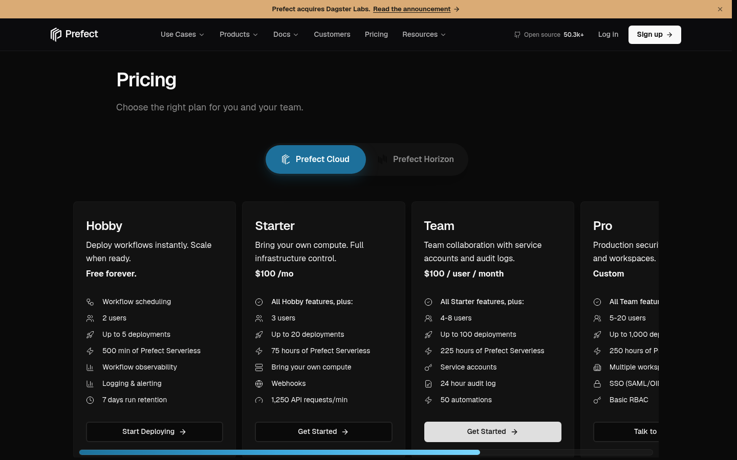 Screenshot of Prefect's pricing page showing its plans and prices