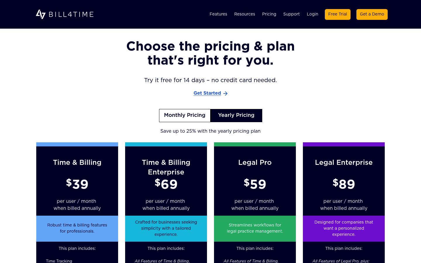 Screenshot of Bill4Time's pricing page showing its plans and prices