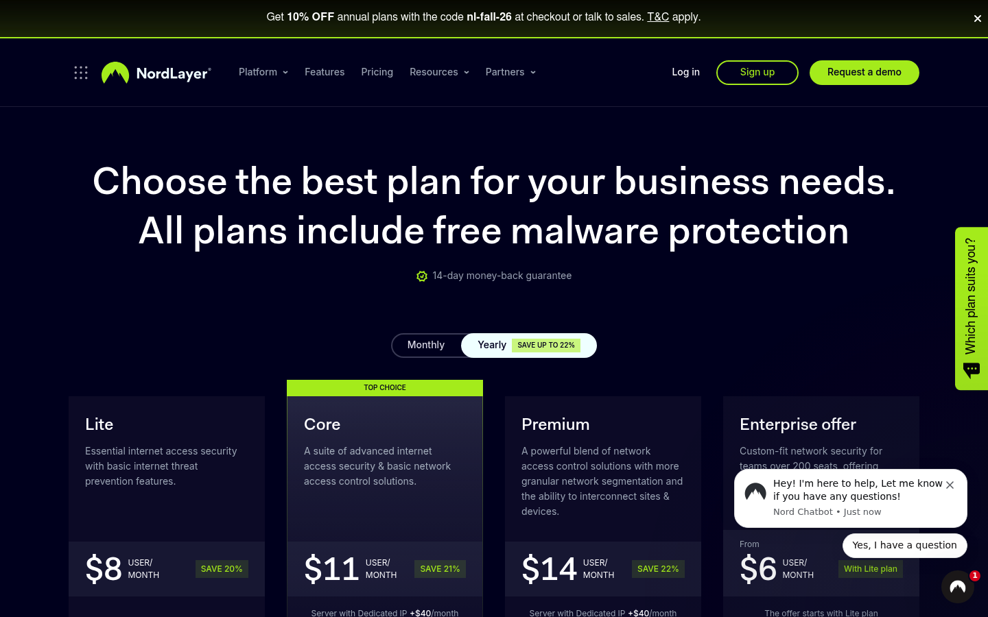 Screenshot of NordLayer's pricing page showing its plans and prices