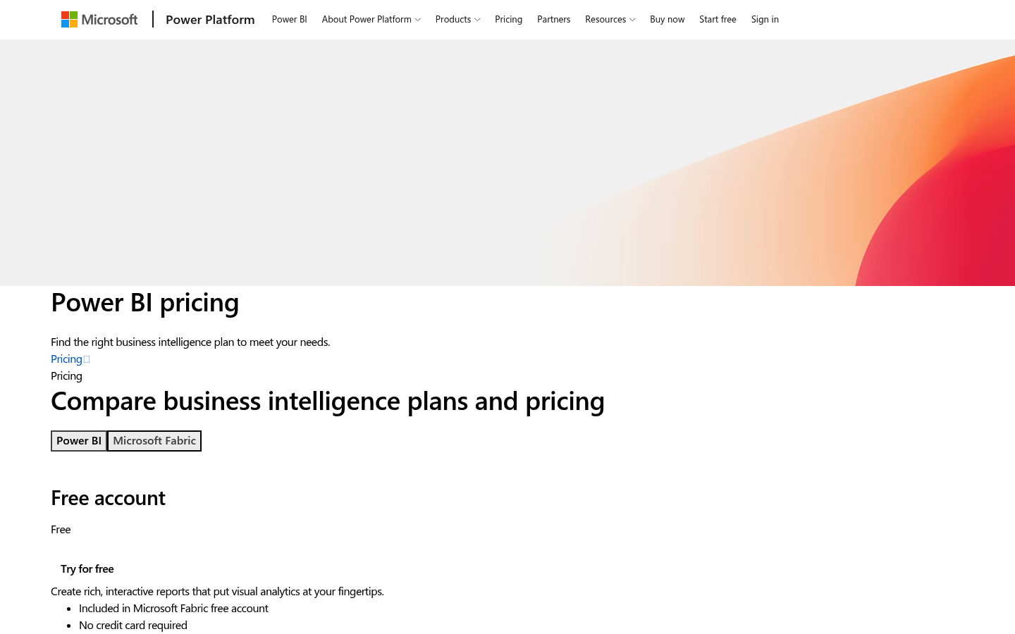 Screenshot of Power BI's pricing page showing its plans and prices