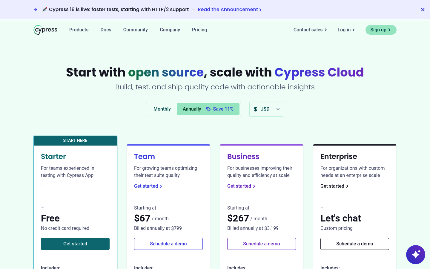 Screenshot of Cypress Cloud's pricing page showing its plans and prices