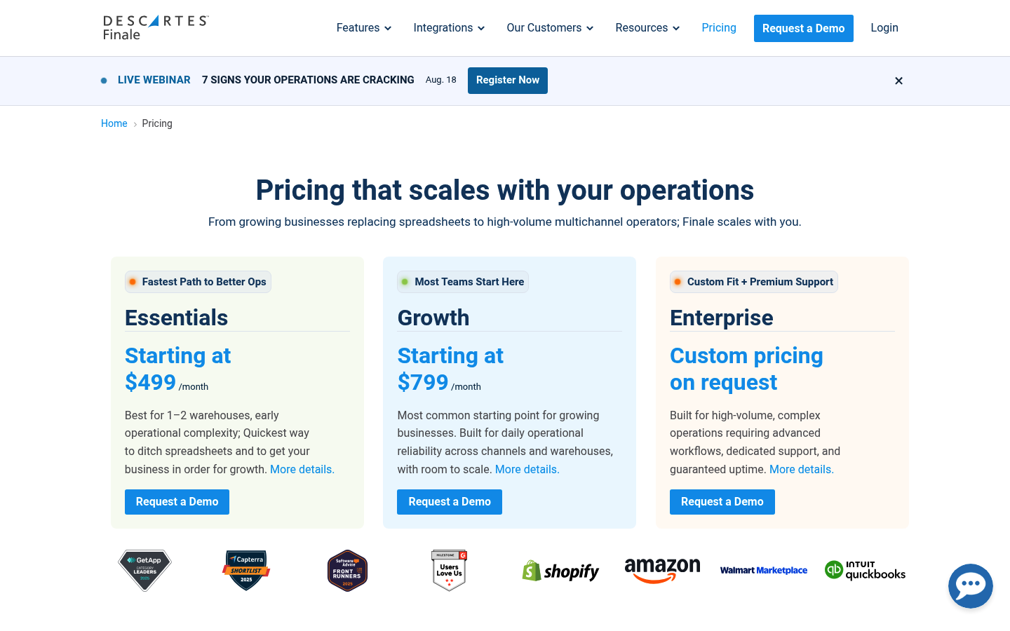 Screenshot of Finale Inventory's pricing page showing its plans and prices