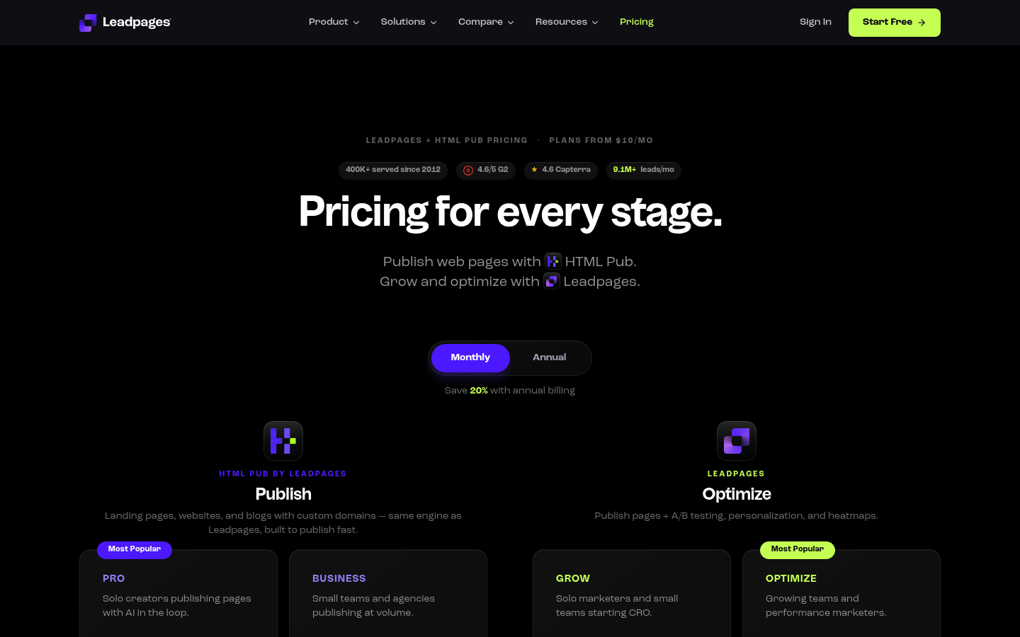 Screenshot of Leadpages's pricing page showing its plans and prices