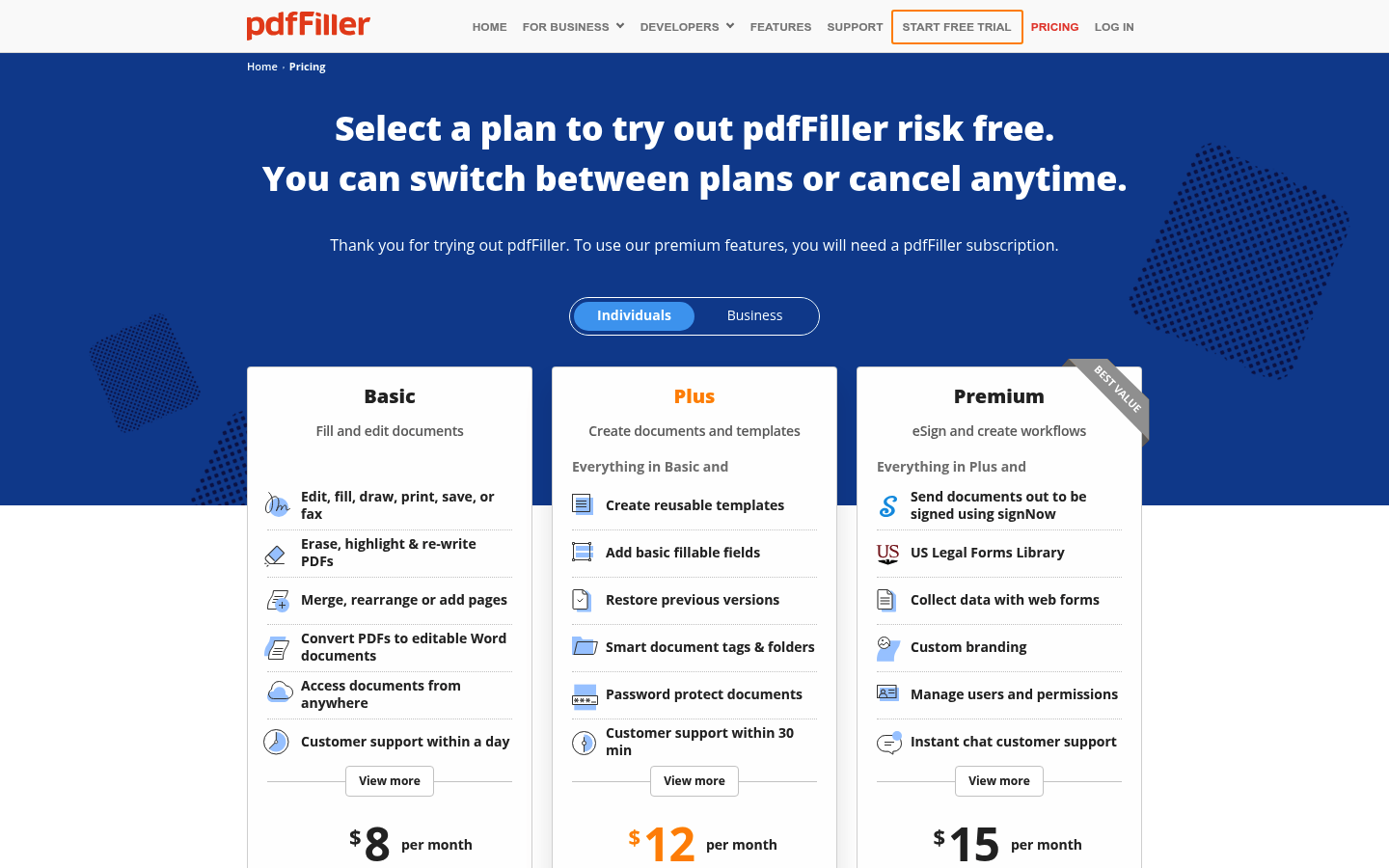 Screenshot of pdfFiller's pricing page showing its plans and prices