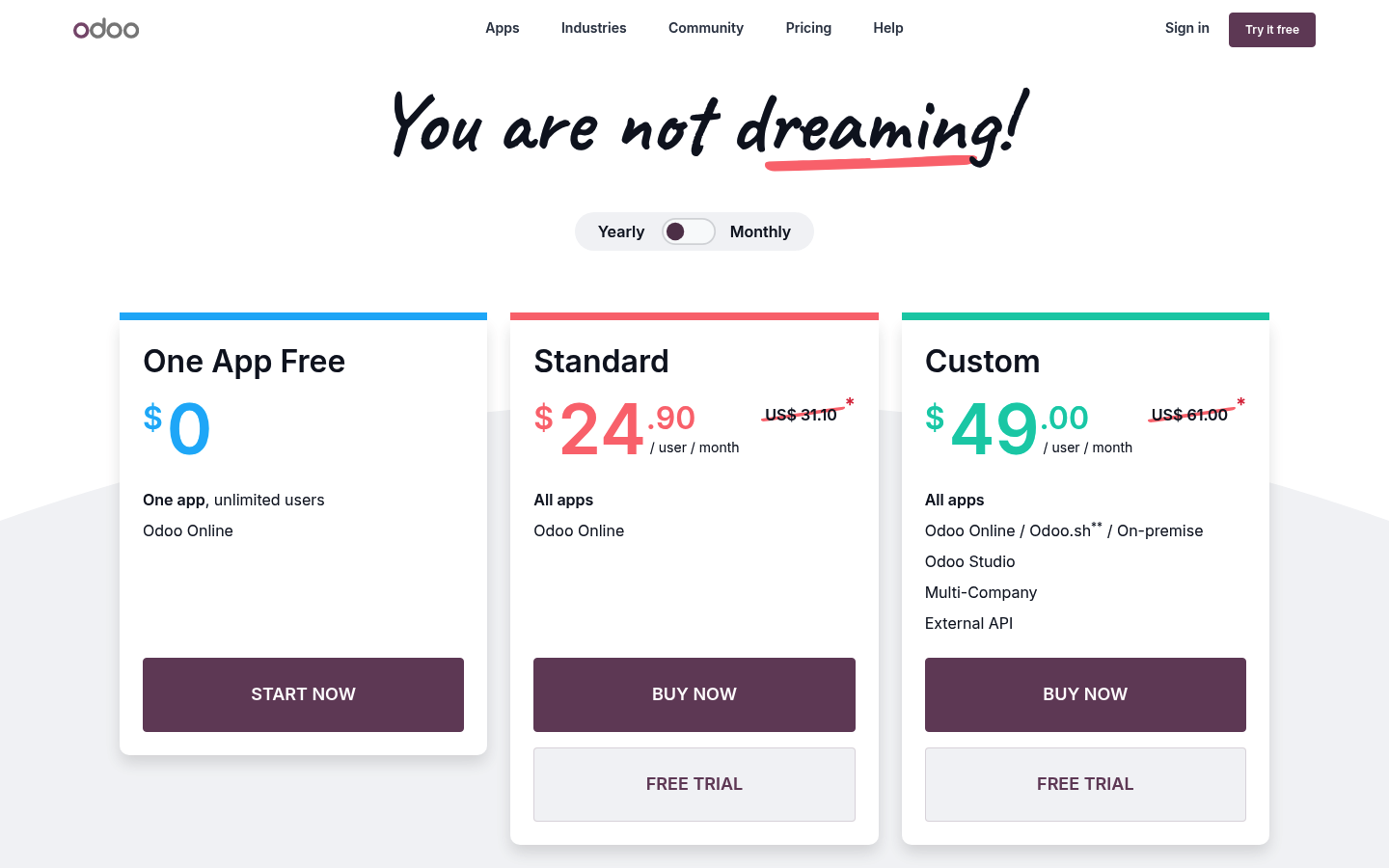 Screenshot of Odoo's pricing page showing its plans and prices