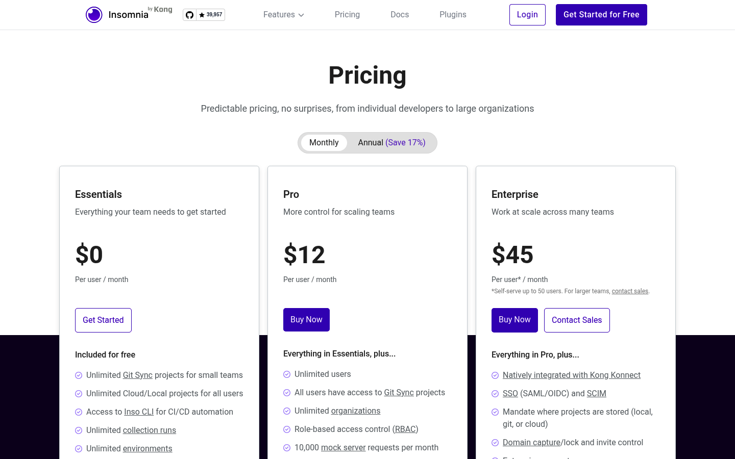 Screenshot of Insomnia's pricing page showing its plans and prices
