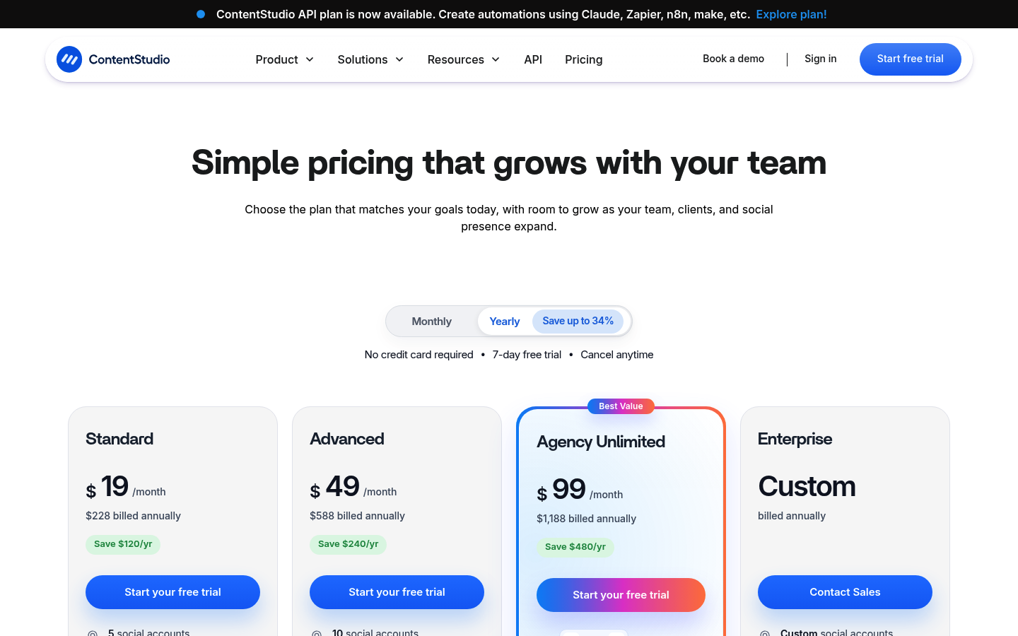 Screenshot of ContentStudio's pricing page showing its plans and prices