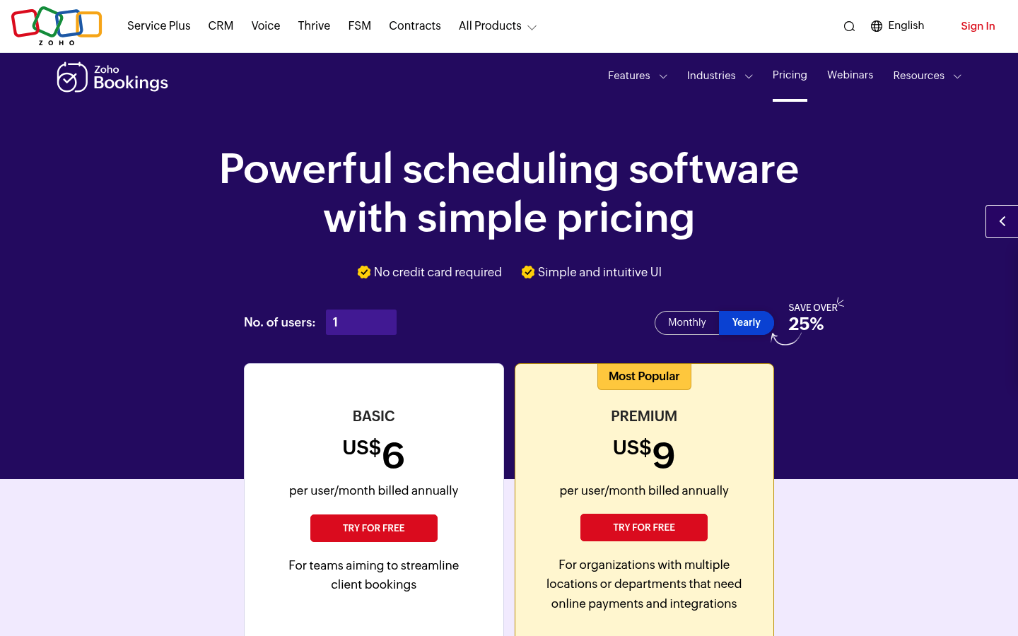 Screenshot of Zoho Bookings's pricing page showing its plans and prices