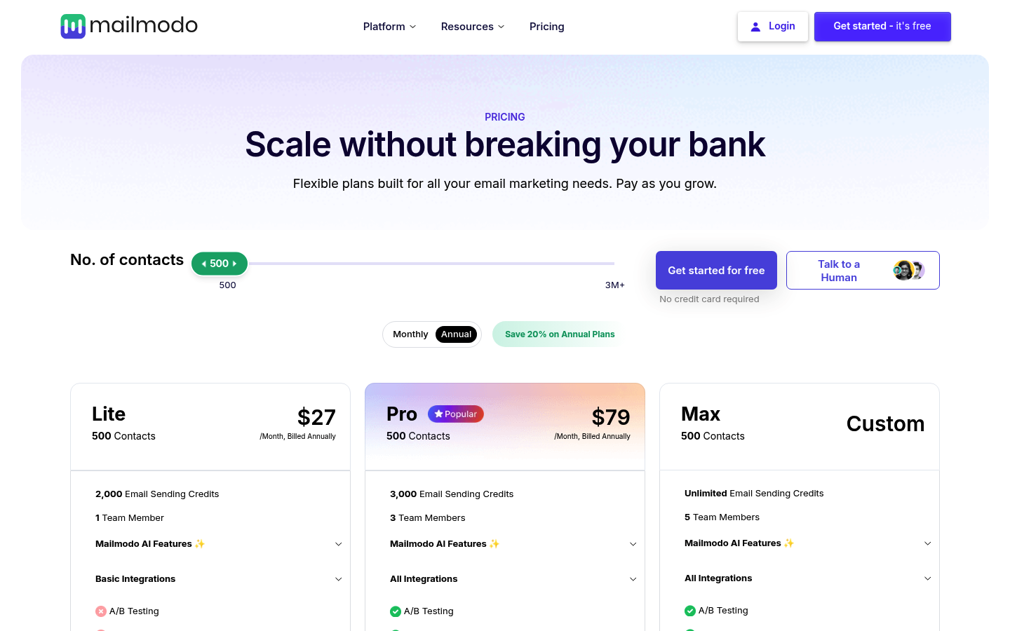 Screenshot of Mailmodo's pricing page showing its plans and prices