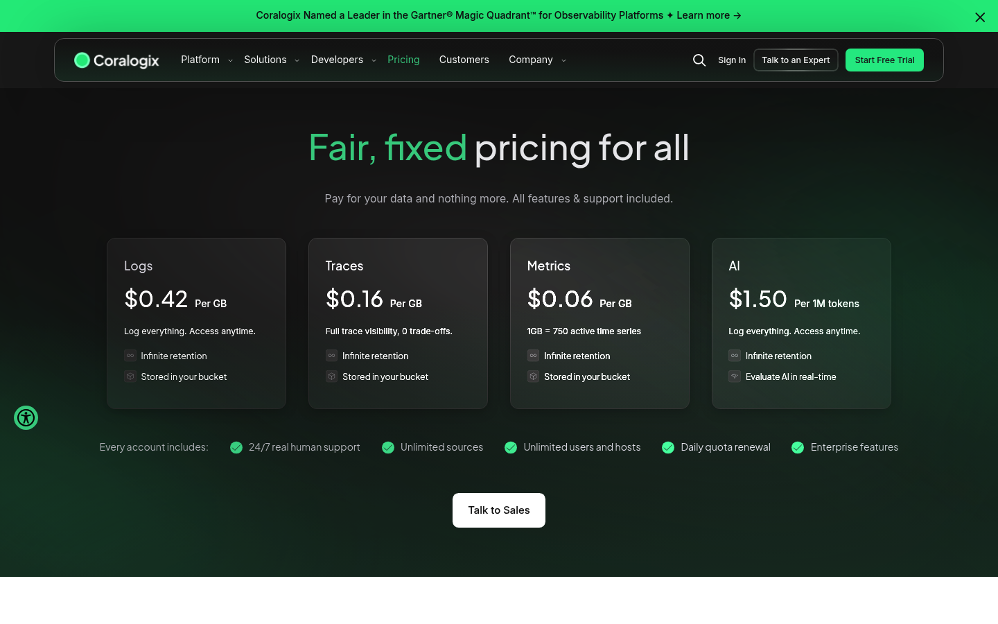 Screenshot of Coralogix's pricing page showing its plans and prices