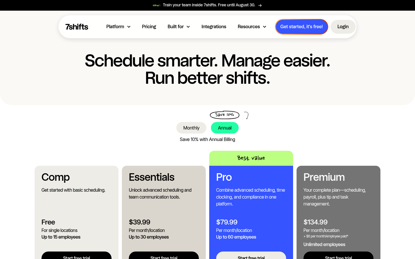 Screenshot of 7shifts's pricing page showing its plans and prices