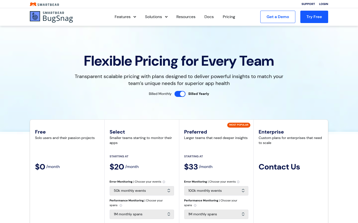 Screenshot of Bugsnag's pricing page showing its plans and prices