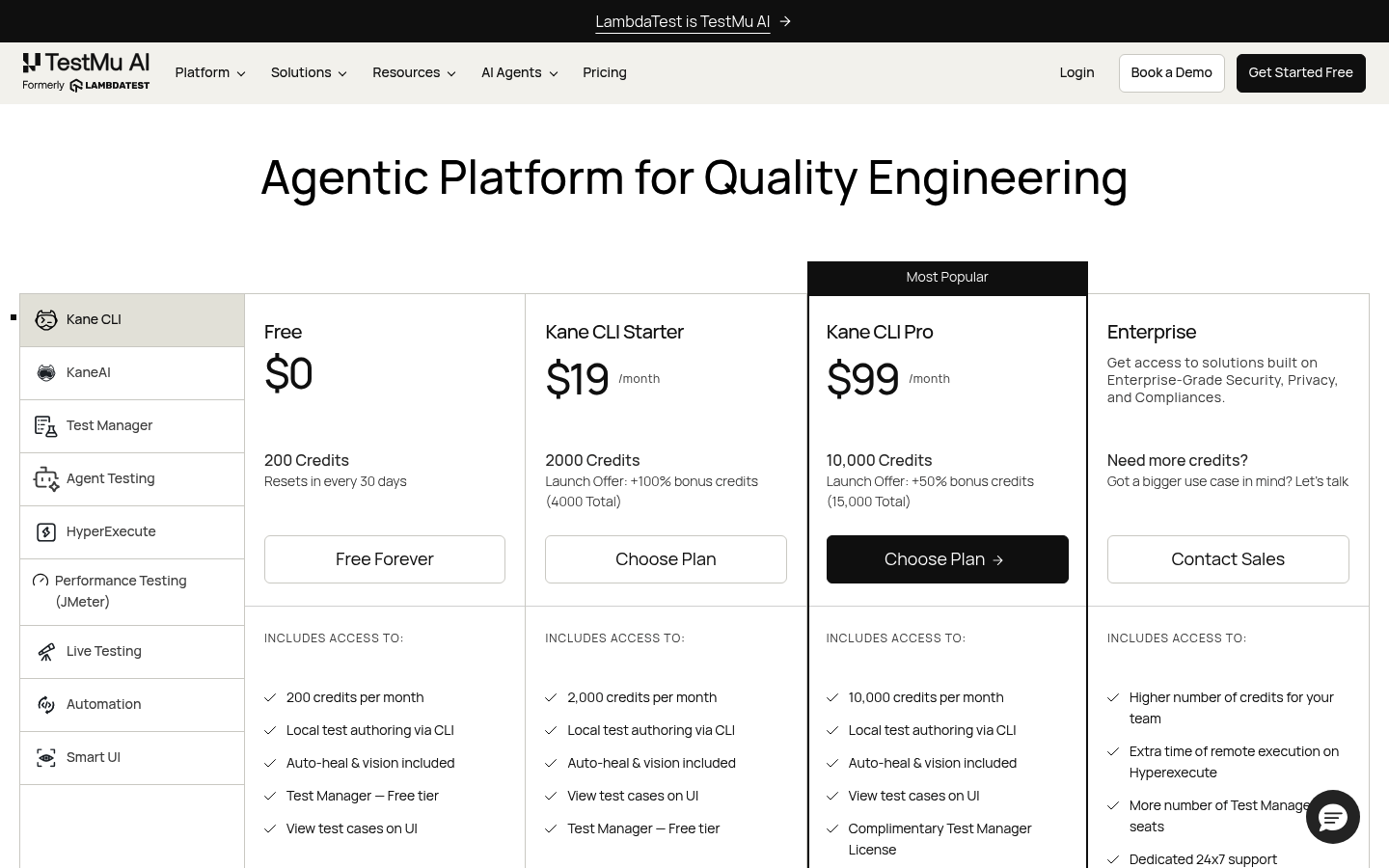 Screenshot of LambdaTest's pricing page showing its plans and prices