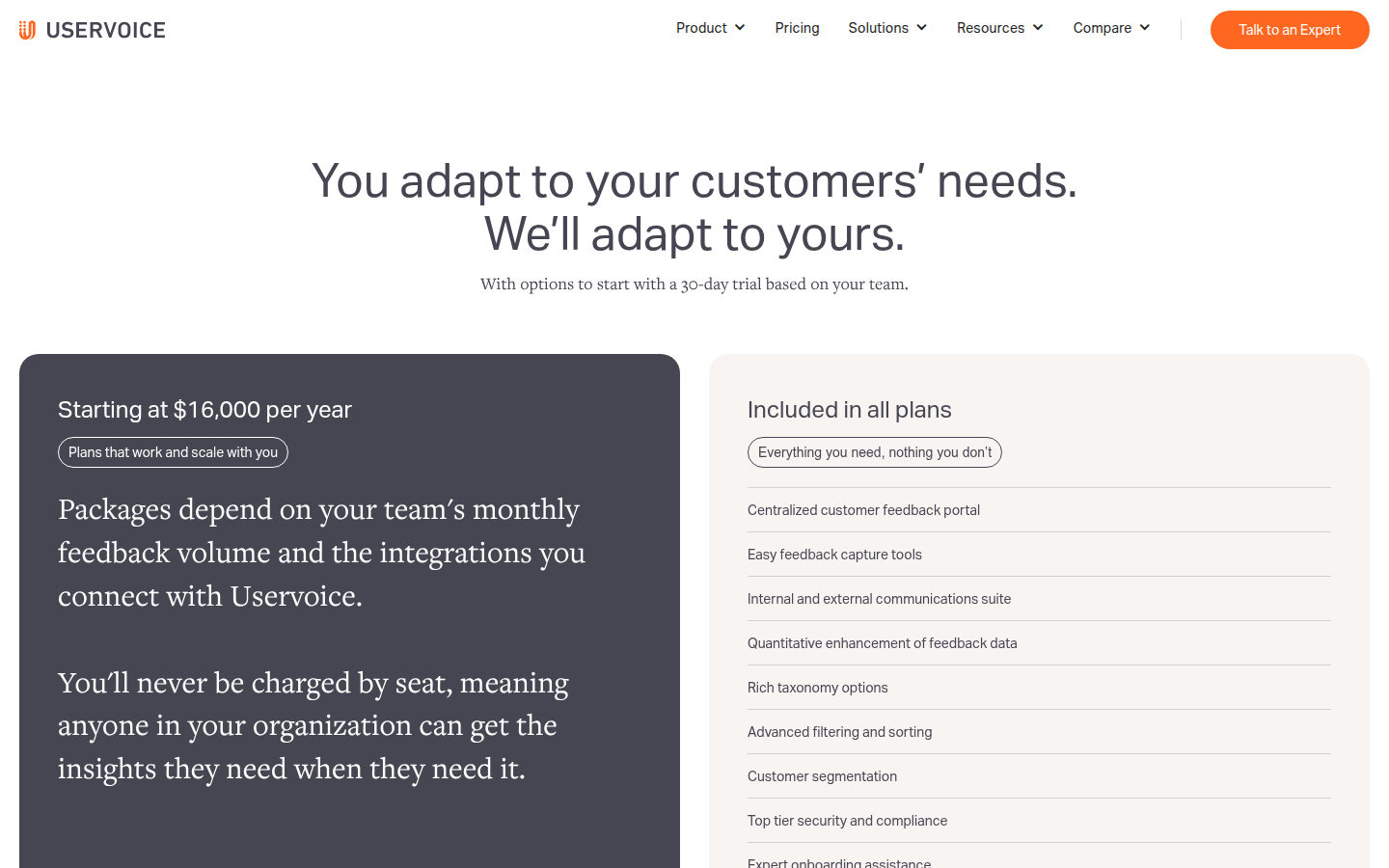 Screenshot of UserVoice's pricing page showing its plans and prices