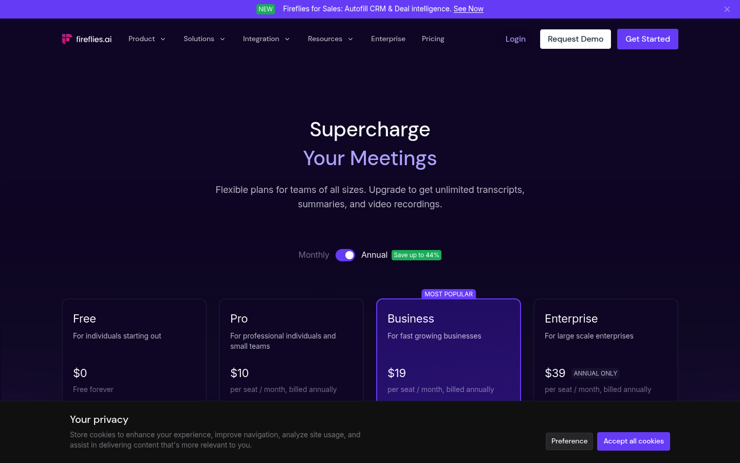 Screenshot of Fireflies's pricing page showing its plans and prices