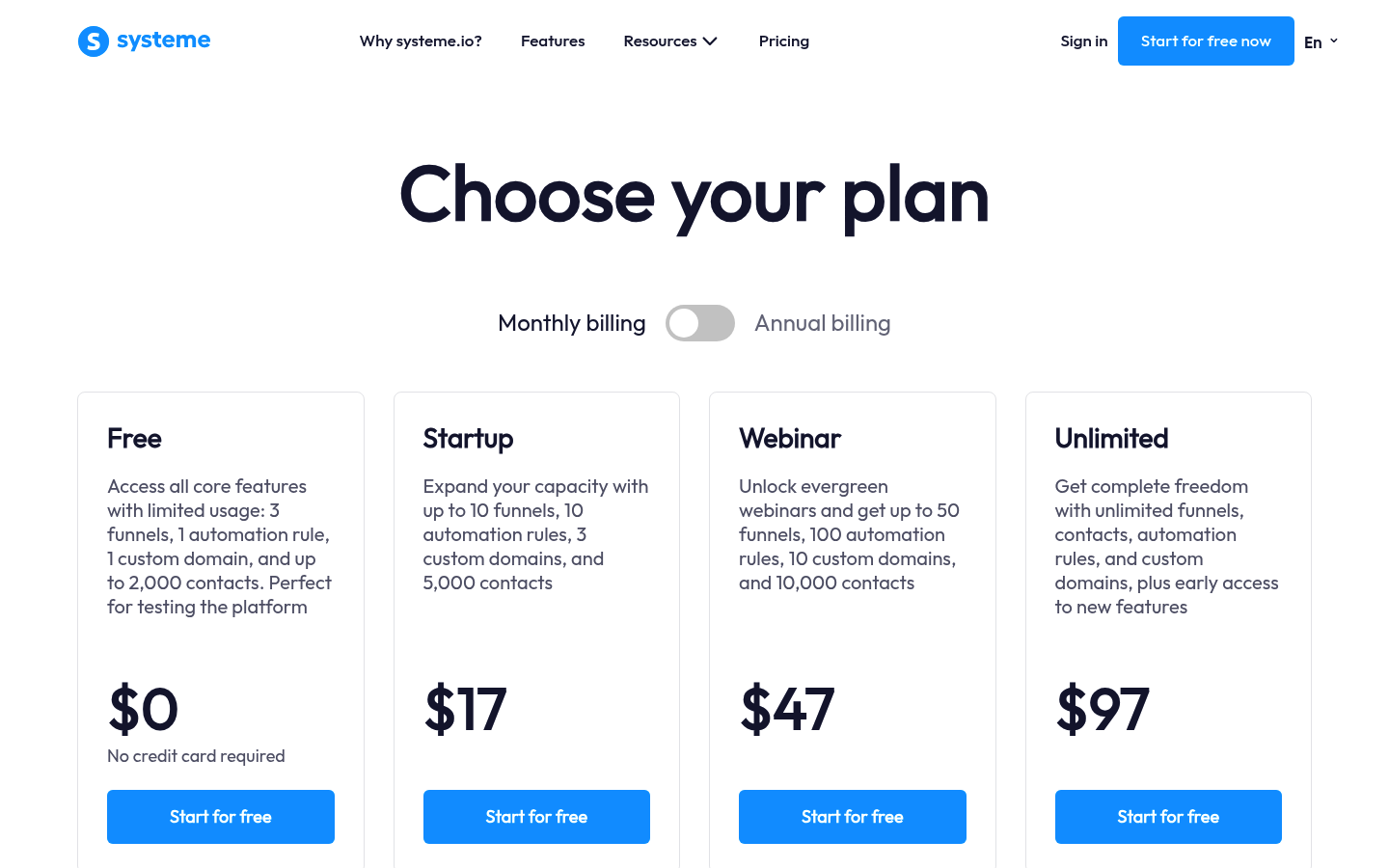 Screenshot of Systeme.io's pricing page showing its plans and prices