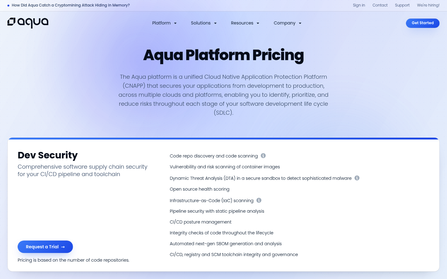 Screenshot of Aqua Security's pricing page showing its plans and prices