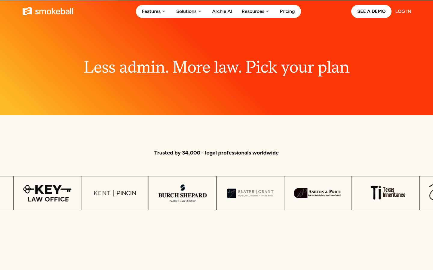 Screenshot of Smokeball's pricing page showing its plans and prices