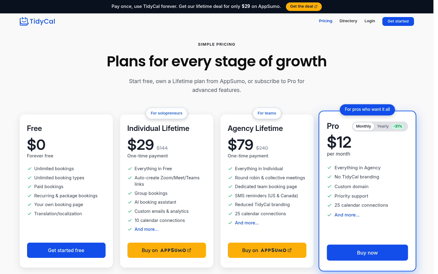 Screenshot of TidyCal's pricing page showing its plans and prices