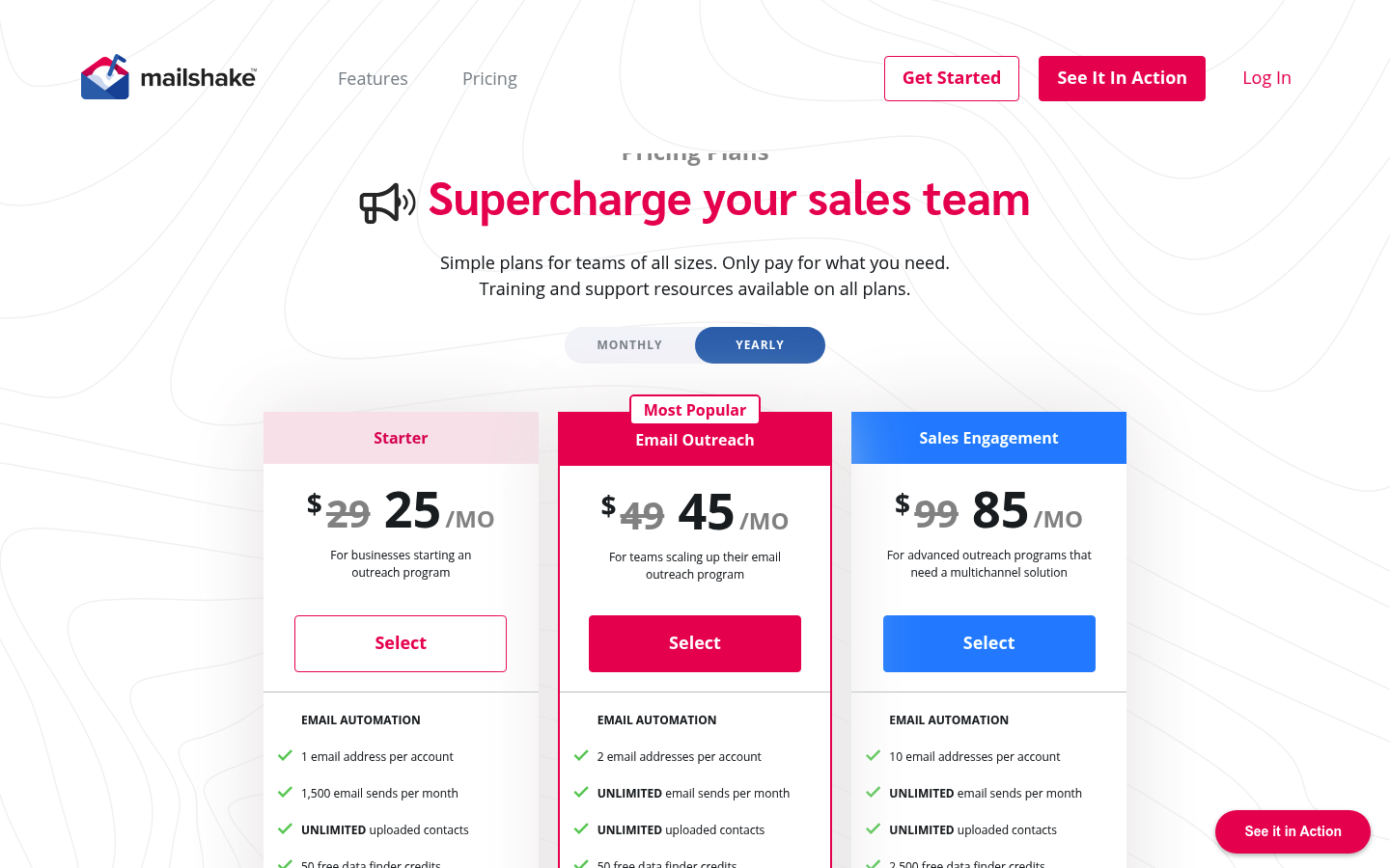 Screenshot of Mailshake's pricing page showing its plans and prices