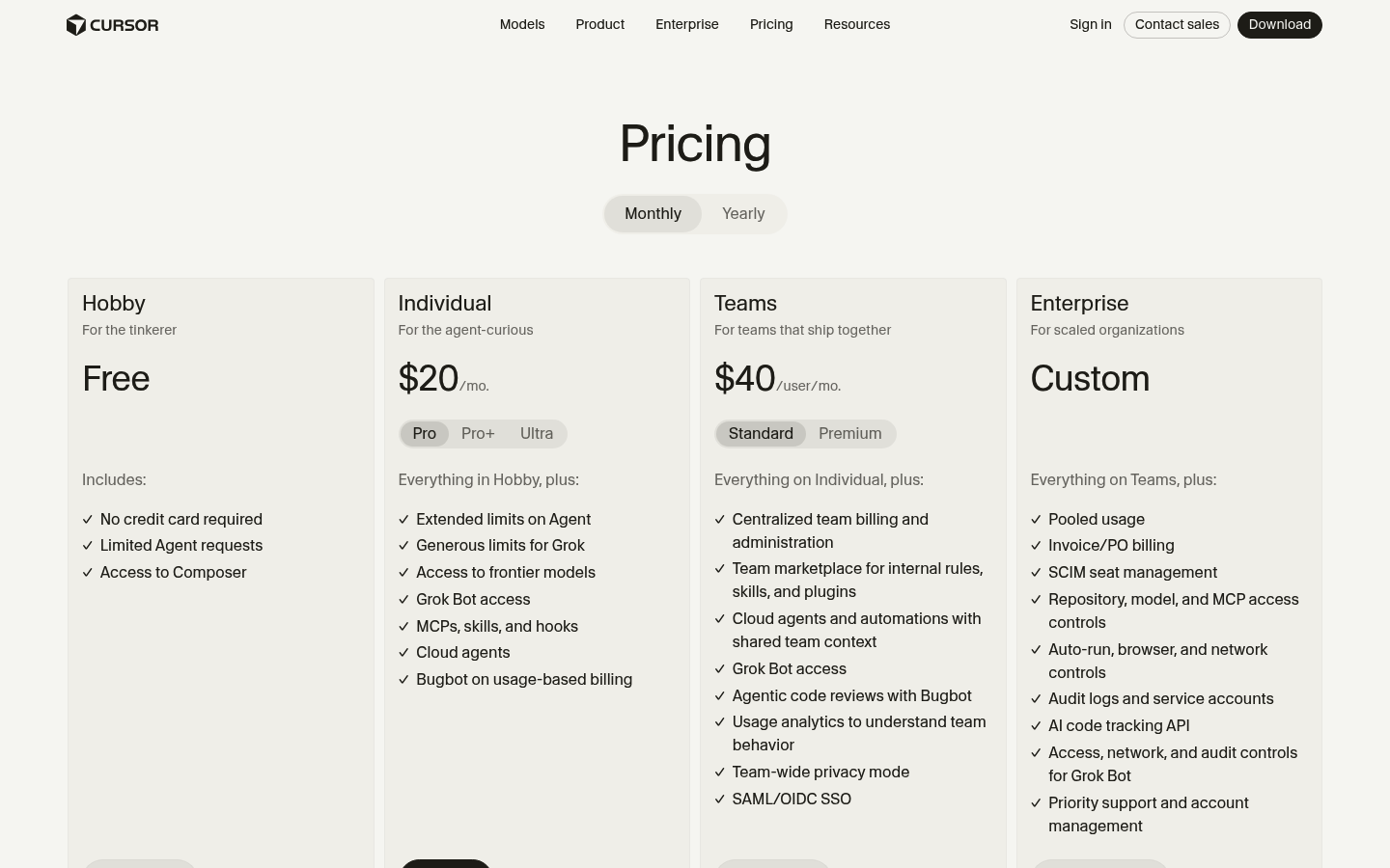Screenshot of Cursor's pricing page showing its plans and prices