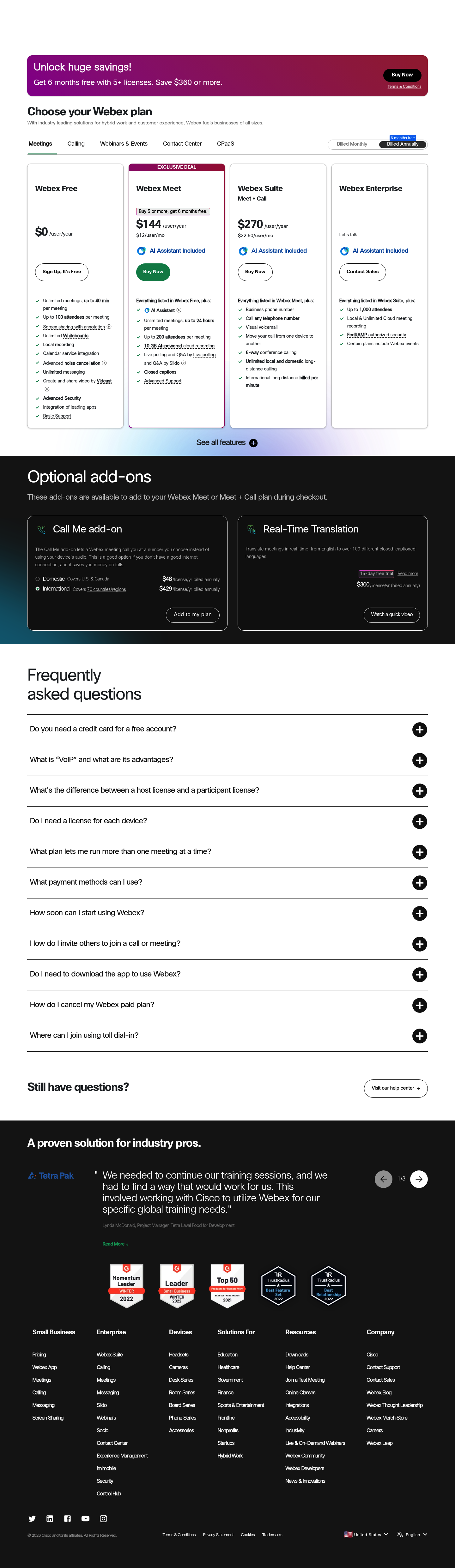 Screenshot of Webex's pricing page showing its plans and prices