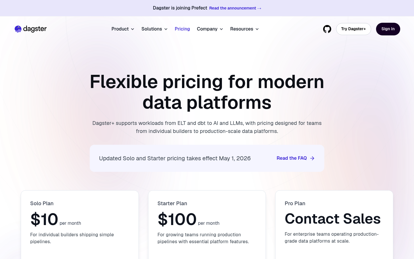 Screenshot of Dagster's pricing page showing its plans and prices