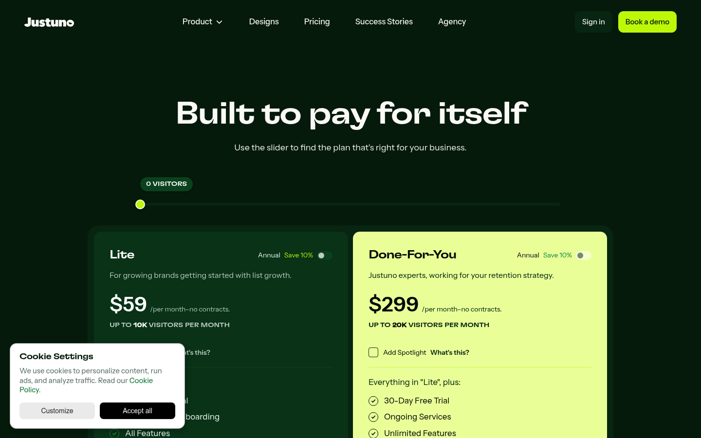 Screenshot of Justuno's pricing page showing its plans and prices