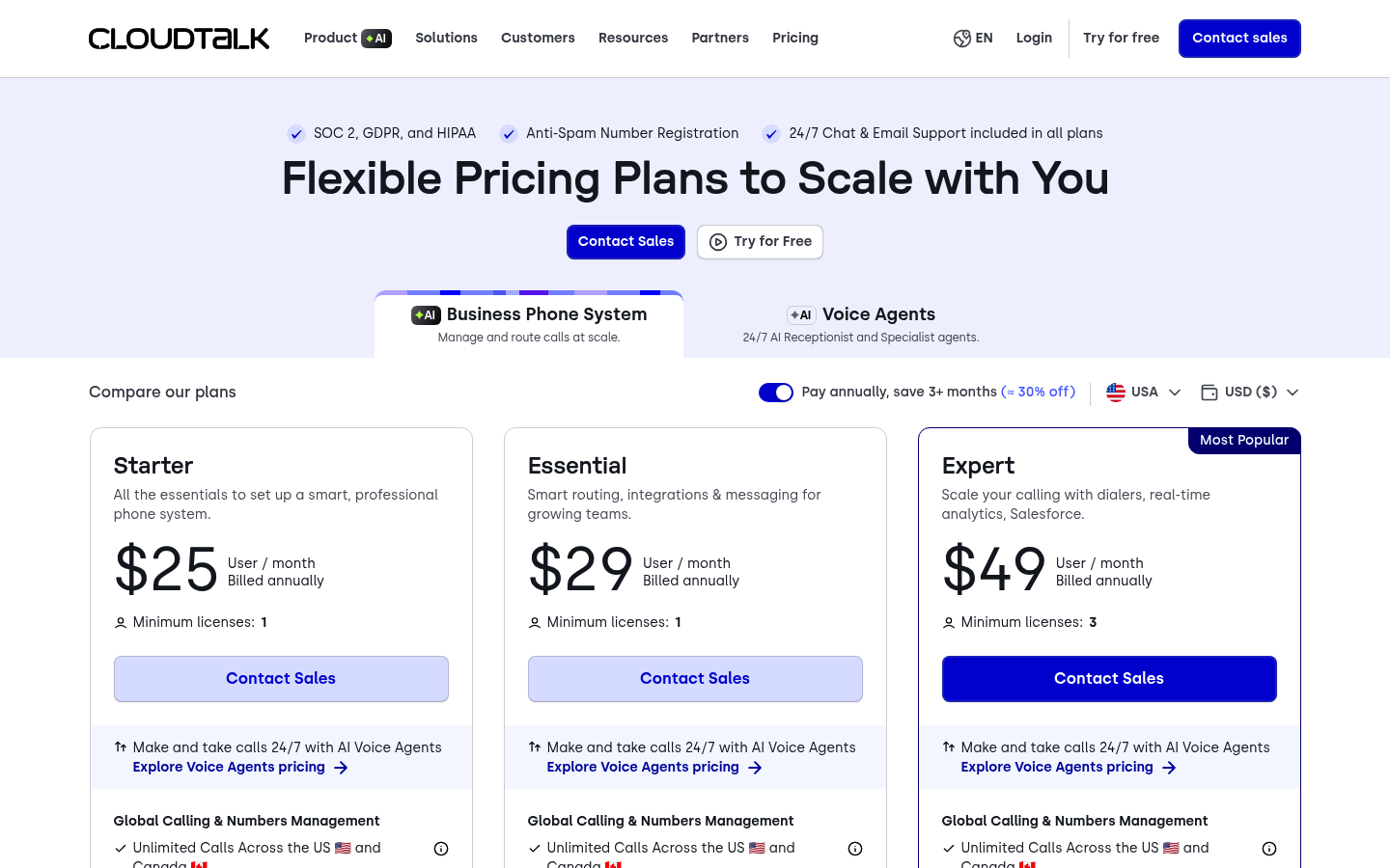 Screenshot of CloudTalk's pricing page showing its plans and prices