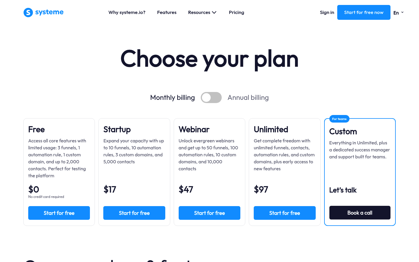 Screenshot of Systeme.io's pricing page showing its plans and prices