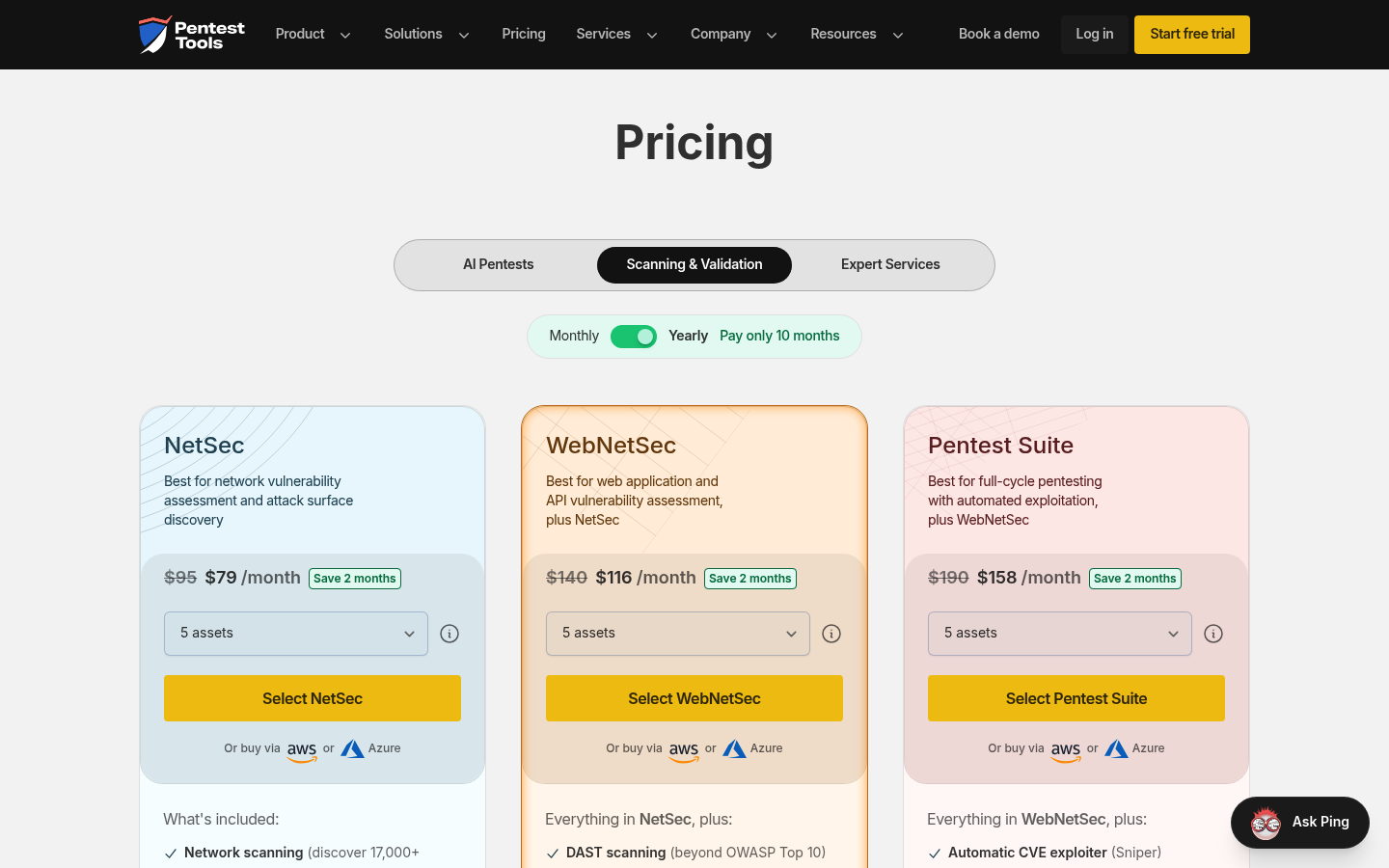 Screenshot of Pentest-Tools.com's pricing page showing its plans and prices