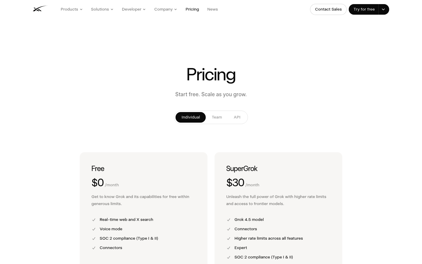 Screenshot of Grok's pricing page showing its plans and prices