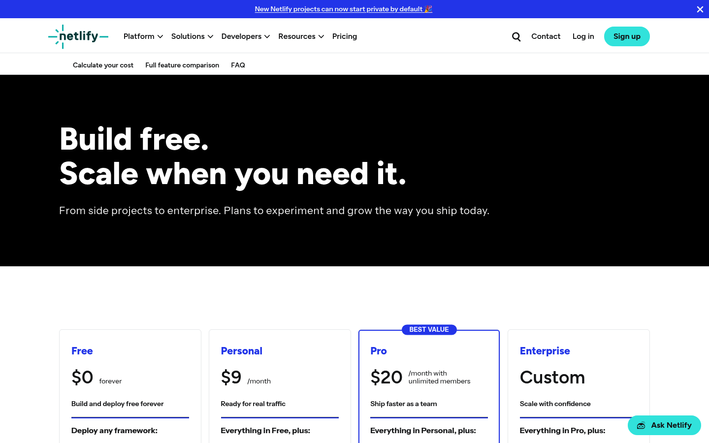 Screenshot of Netlify's pricing page showing its plans and prices