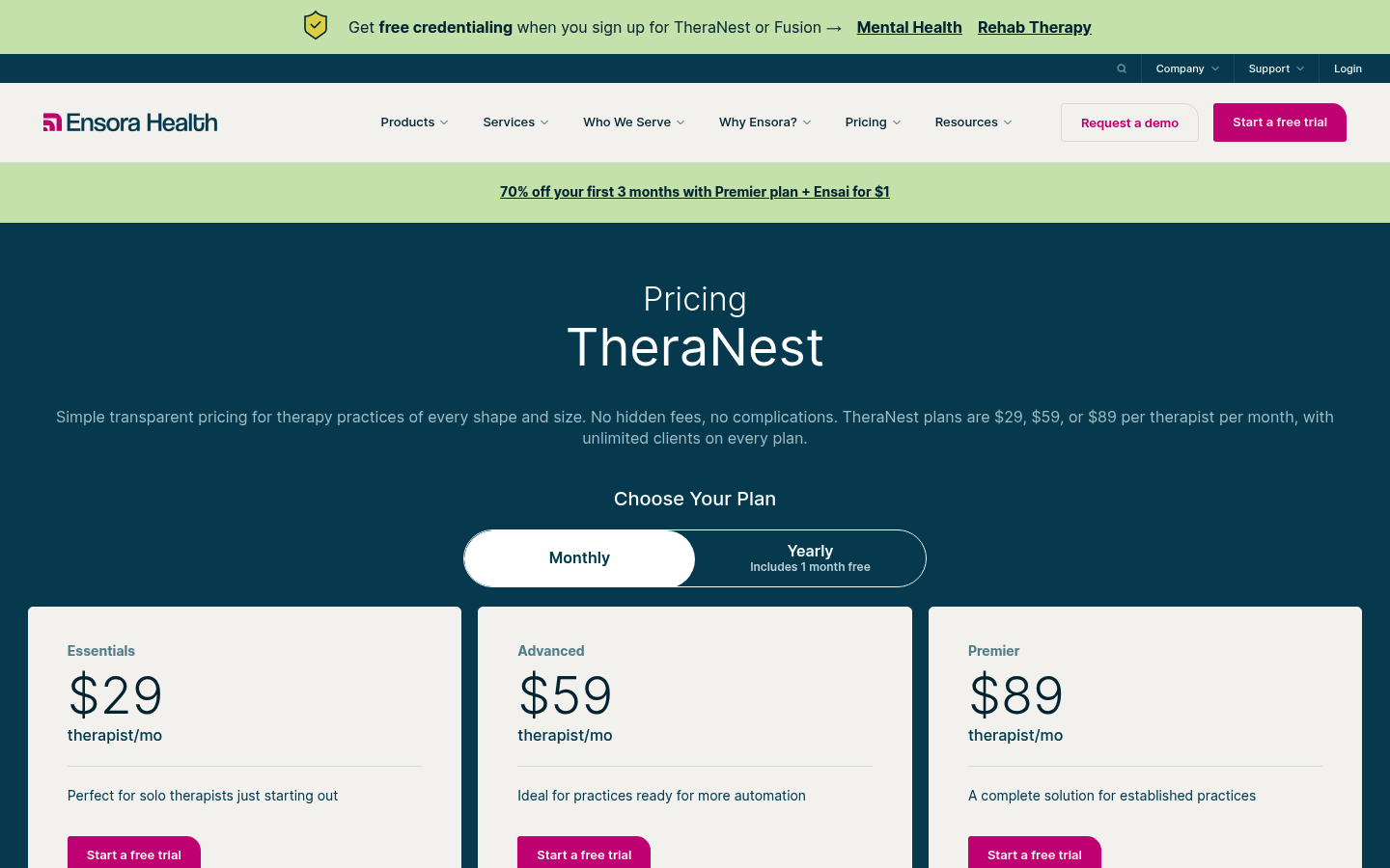 Screenshot of TheraNest's pricing page showing its plans and prices