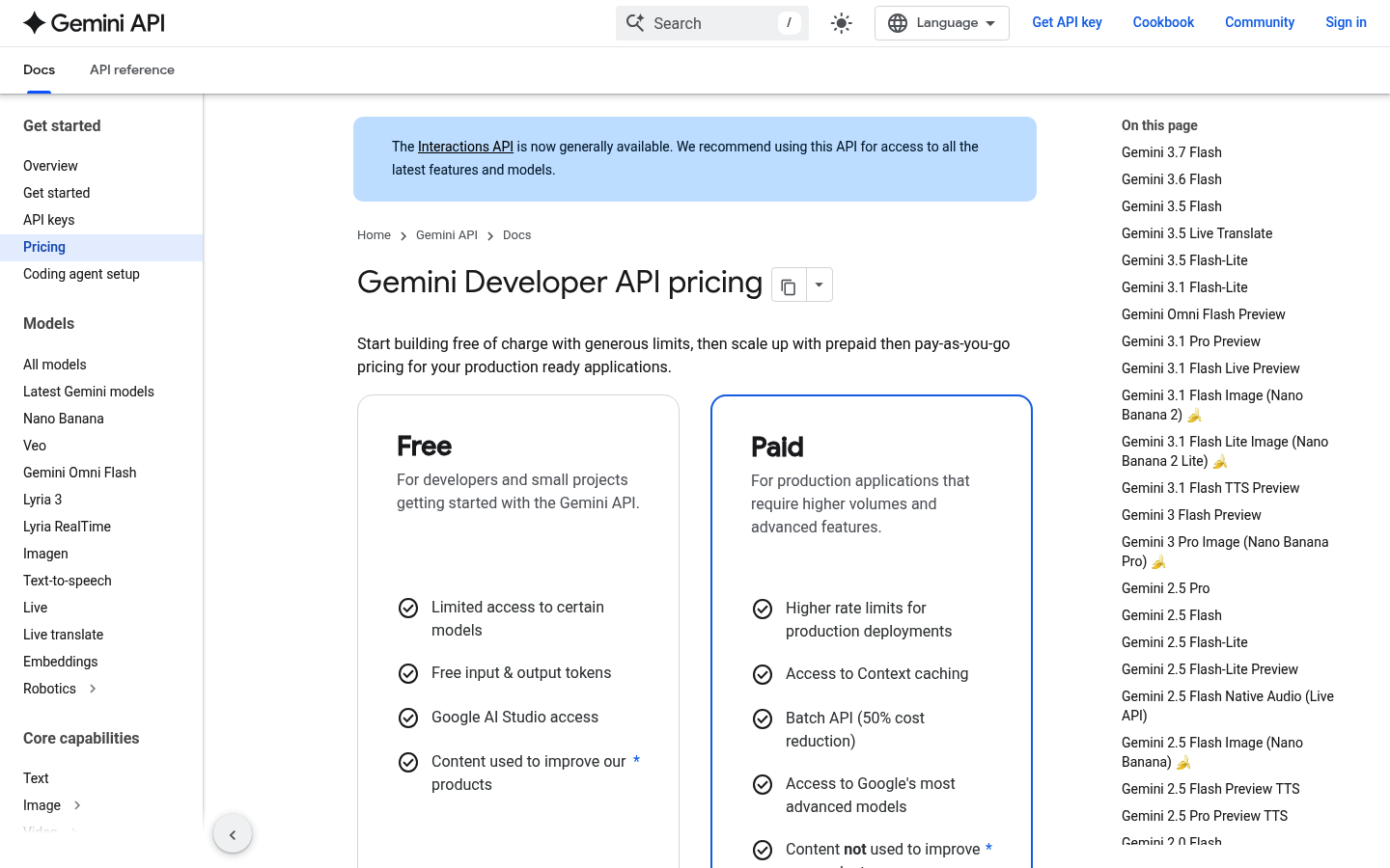 Screenshot of Gemini API's pricing page showing its plans and prices