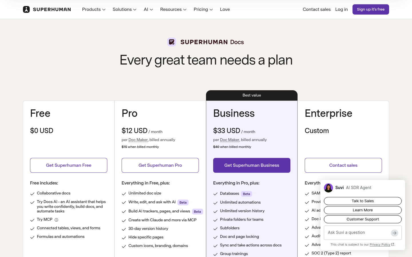 Screenshot of Coda's pricing page showing its plans and prices