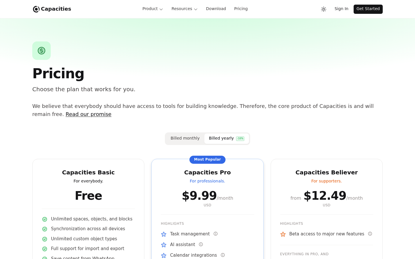 Screenshot of Capacities's pricing page showing its plans and prices